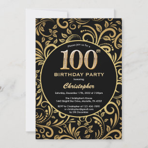 Invitation 100e anniversaire Modèle floral noir et or