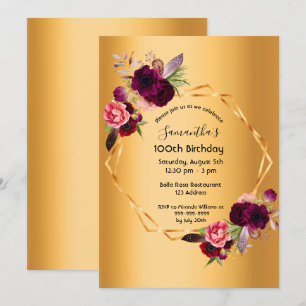Invitation 100e anniversaire or bordeaux floraux géométriques