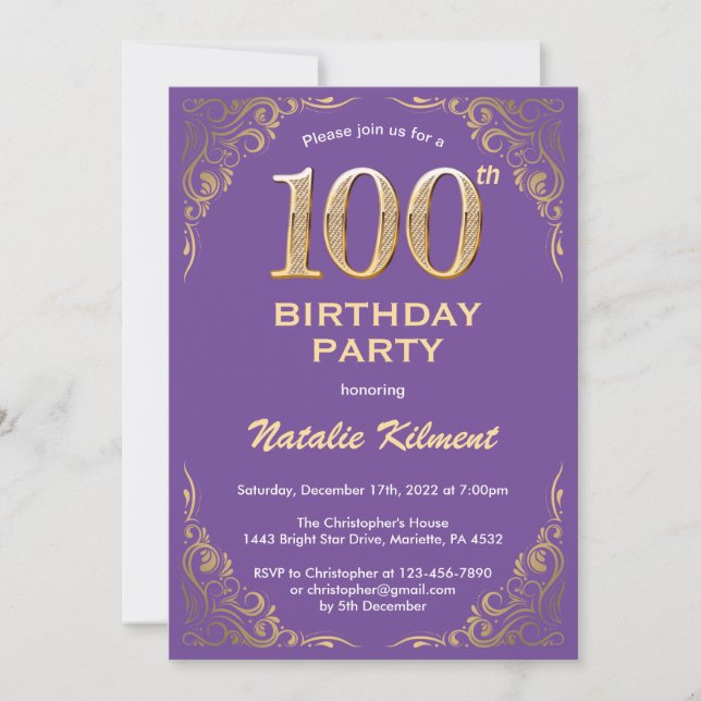 Invitation 100e anniversaire Parties scintillant violet et or (Devant)