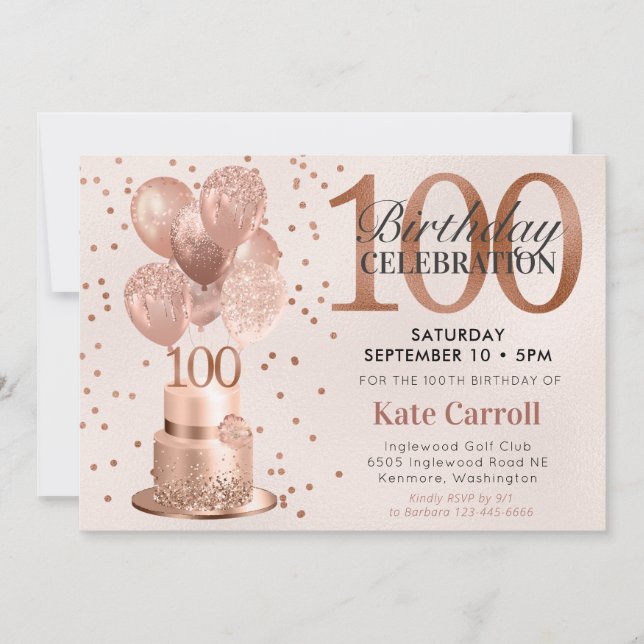 Invitation 100e anniversaire Rose Gold Cake (Devant)