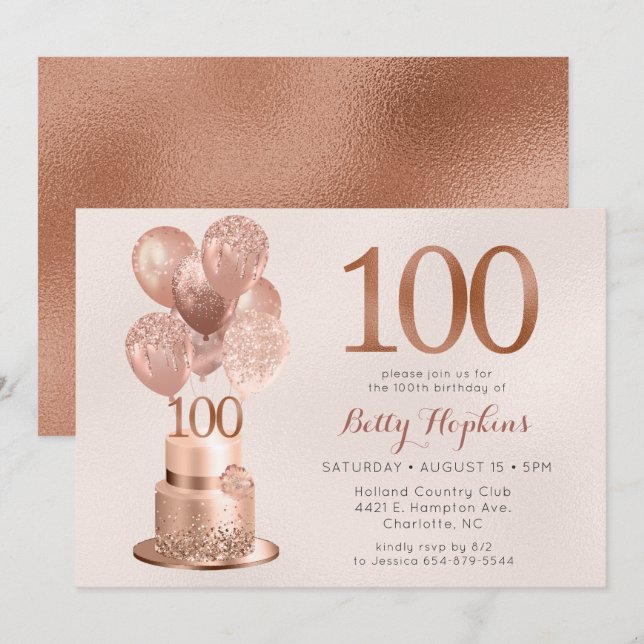 Invitation 100e anniversaire Rose Gold Cake (Devant / Derrière)