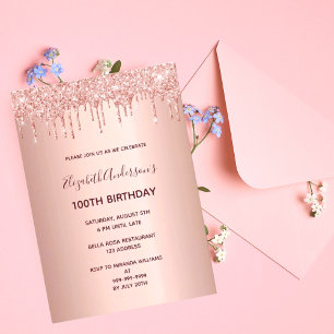 Invitation 100e anniversaire rose parties scintillant or gout