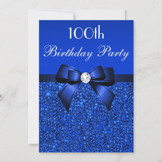 Invitation 100e anniversaire Royal Blue Sequins Bow et Diamon (Devant)