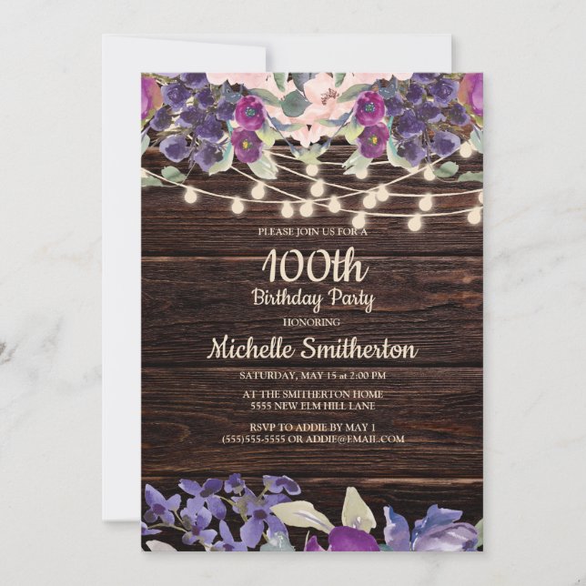 Invitation 100e anniversaire Rustic String lumière violet Flo (Devant)