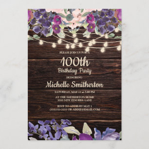 Invitation 100e anniversaire Rustic String lumière violet Flo