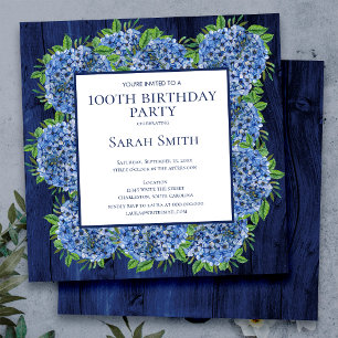 Invitation 100e Anniversaire Rustique Bois Hydrangeas Bleues 