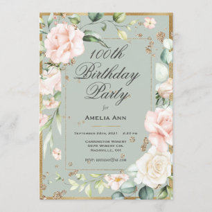 Invitation 100e anniversaire Sage Vert or Aquarelle Florale 