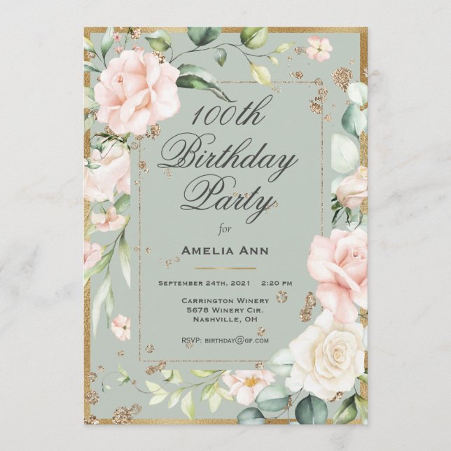 Invitation 100e anniversaire Sage Vert or Aquarelle Florale  (Devant)