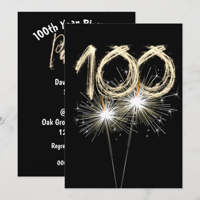 Invitation 100e anniversaire Sparklers de fête (Devant / Derrière)