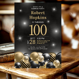 Invitation 100e anniversaire Surprise Party Black Gold Ballon