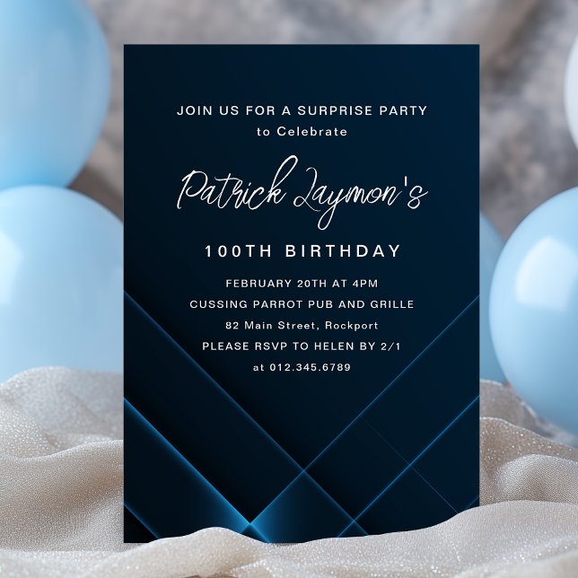 Invitation 100e anniversaire Surprise Party bleu foncé géomét (Créateur téléchargé)