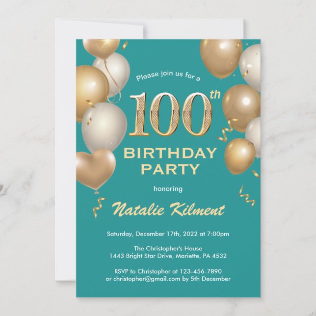Invitation 100e anniversaire Turquoise et or Parties scintill (Devant)