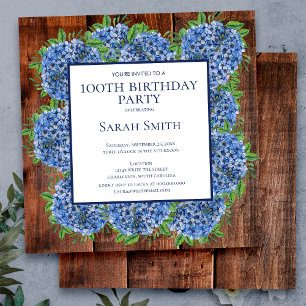 Invitation 100e anniversaire Wood Blue Hydrangeas Rustic Part