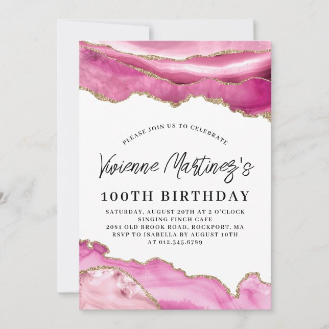 Invitation 100e fête Anniversaire rose Agate Marbre (Devant)