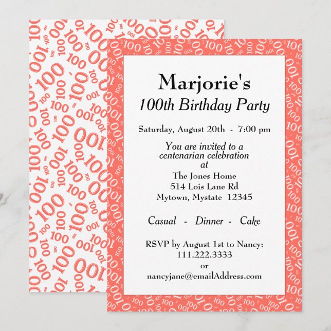 Invitation 100e fête d'anniversaire Coral/Motif numérique bla (Devant / Derrière)