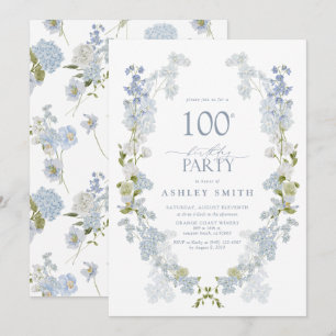 Invitation 100e fête d'anniversaire Elégant Dusty Blue Floral