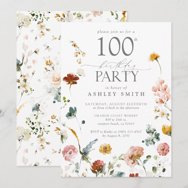 Invitation 100e fête d'anniversaire Elégant Floral Blush Pink (Devant / Derrière)