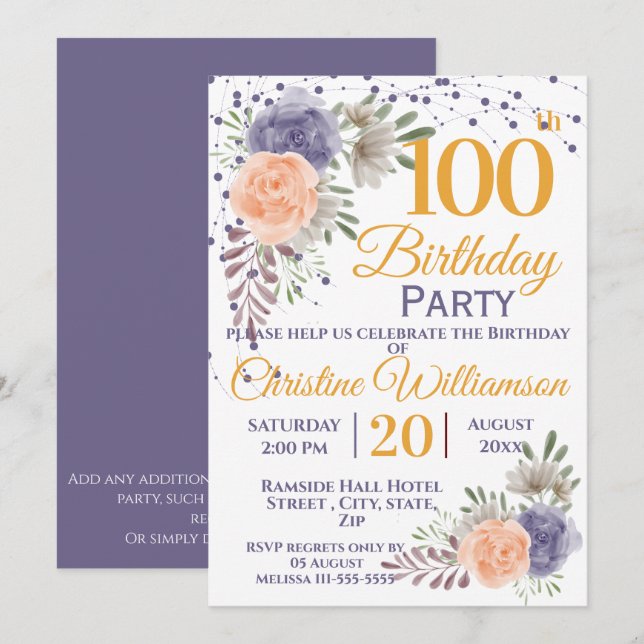 Invitation 100e fête d'anniversaire Floral Peony violet (Devant / Derrière)