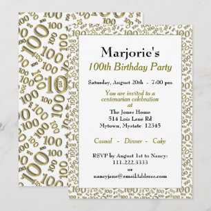 Invitation 100e fête d'anniversaire Gold/Motif de numéro blan