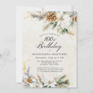 Invitation 100e fête d'anniversaire Hiver Blanc Floral vert