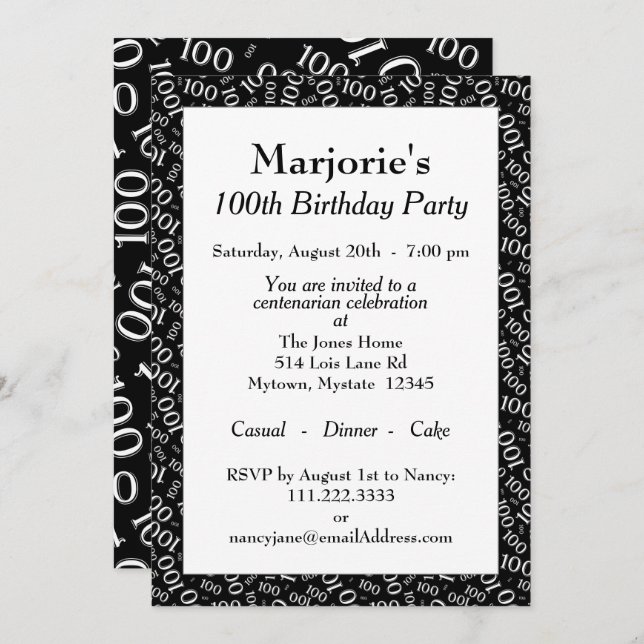 Invitation 100e fête d'anniversaire Noir/Blanc Motif numériqu (Devant / Derrière)