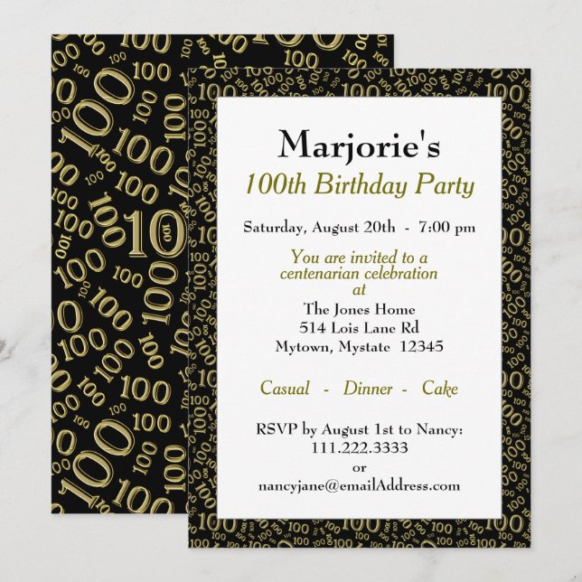 Invitation 100e fête d'anniversaire Noir / Motif de numéro d' (Devant / Derrière)