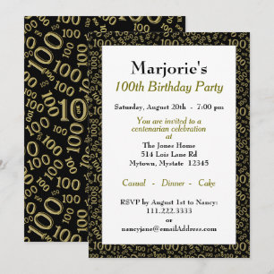 Invitation 100e fête d'anniversaire Noir / Motif de numéro d'