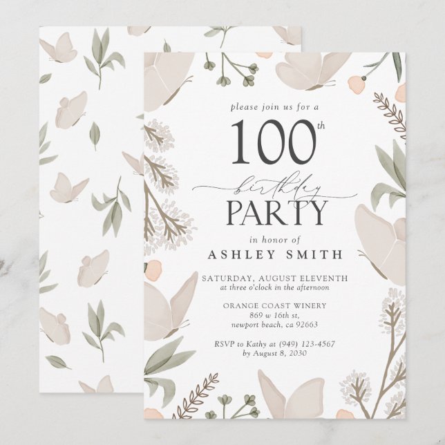 Invitation 100e fête d'anniversaire papillons Floral Neutral (Devant / Derrière)