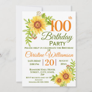 Invitation 100e fête d'anniversaire tournesol floral