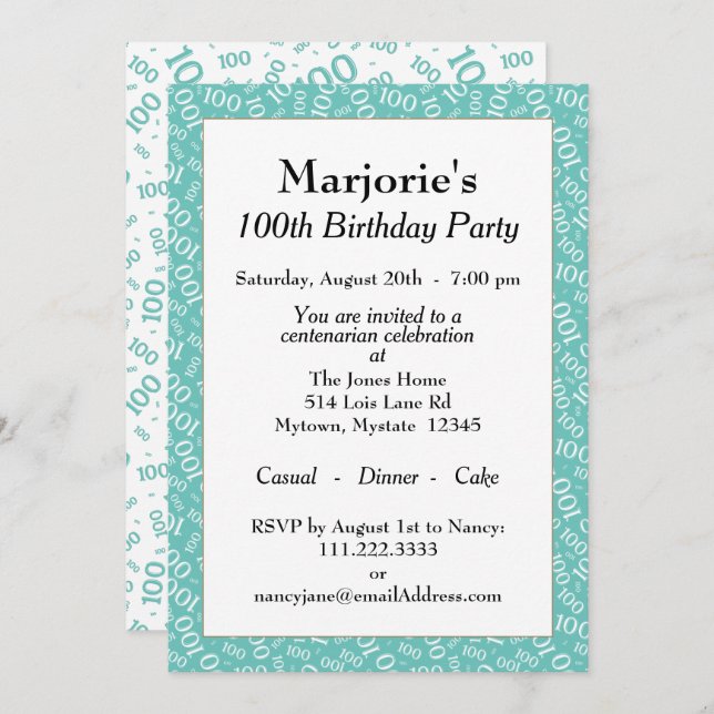 Invitation 100e fête d'anniversaire Turquoise/Motif numérique (Devant / Derrière)