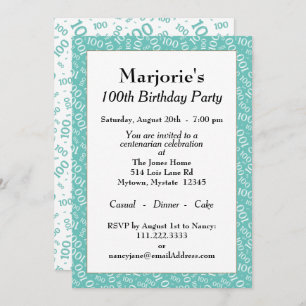 Invitation 100e fête d'anniversaire Turquoise/Motif numérique