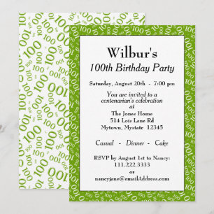 Invitation 100e fête d'anniversaire Vert/Blanc Motif numériqu