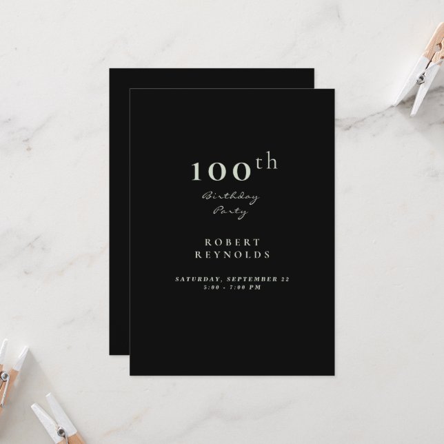 Invitation 100ème anniversaire de l'homme Simple Black Invita (Devant/Arrière en situation)
