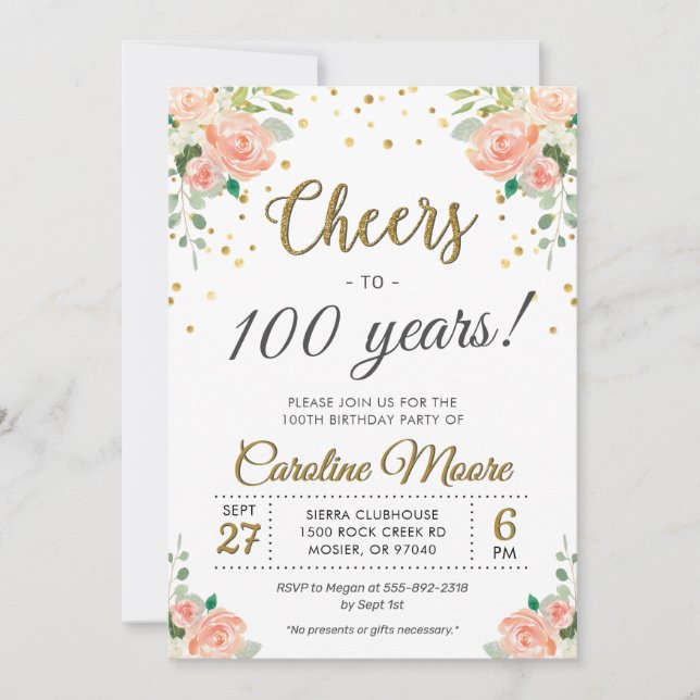 Invitation 100ème Dames Anniversaire Fête Cent Or Floral (Devant)