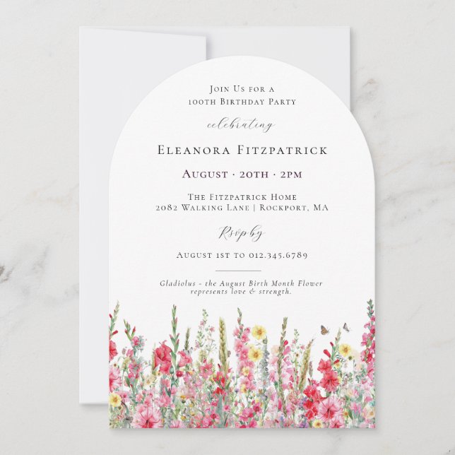 Invitation 100th Birthday August Birth Month Flower Gladiolus (Devant)