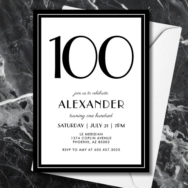 Invitation 100th Birthday Black and White Modern Minimalist  (A chic black & white invitation that blends modern minimal design with elegance for 100th birthday.)