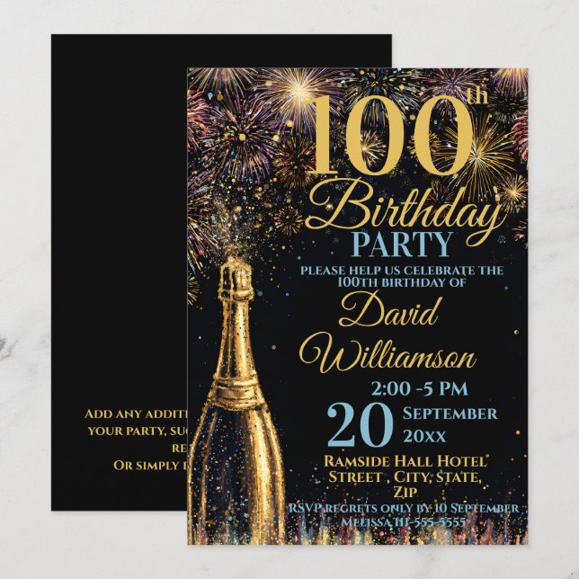 Invitation 100th Birthday Bubbly Fireworks Gold Blue (Devant / Derrière)