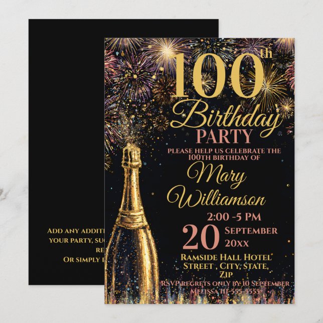 Invitation 100th Birthday Bubbly Fireworks Gold Pink (Devant / Derrière)