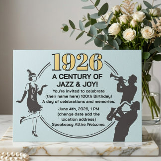 Invitation 100th Birthday Party Card 1920s Speakeasy Flapper
