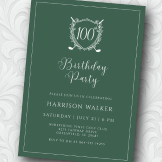 Invitation 100th Birthday Party Golf Crest Elegant Script