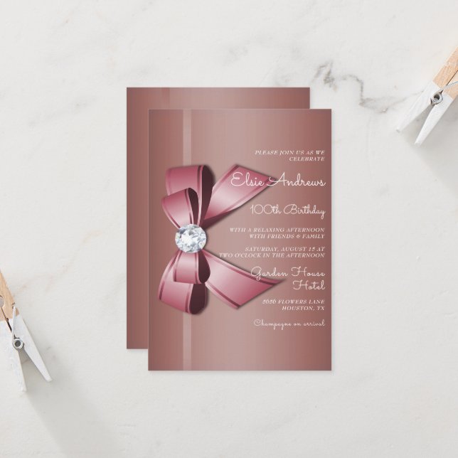 Invitation 100th Centenarian Jewel Bow & Ribbon Birthday (Devant/Arrière en situation)