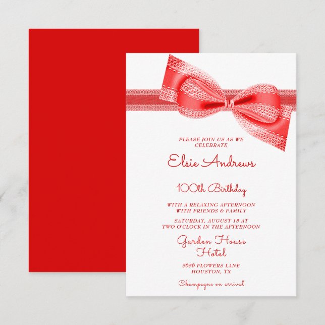 Invitation 100th Centenarian Red Bow & Ribbon Birthday (Devant / Derrière)