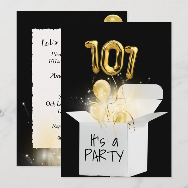 Invitation 101e Anniversaire Ballons Or En Boîte Blanche (Devant / Derrière)