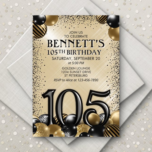 Invitation 105e Ballons Noir Or Anniversaire (Créateur téléchargé)