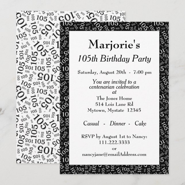 Invitation 105e fête d'anniversaire Noir/Blanc Motif numériqu (Devant / Derrière)