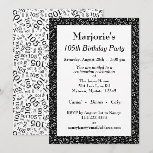 Invitation 105e fête d'anniversaire Noir/Blanc Motif numériqu
