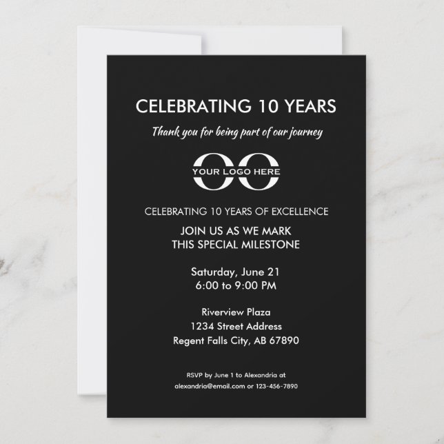Invitation 10 ans de l'entreprise Anniversaire Classic Noir (Devant)