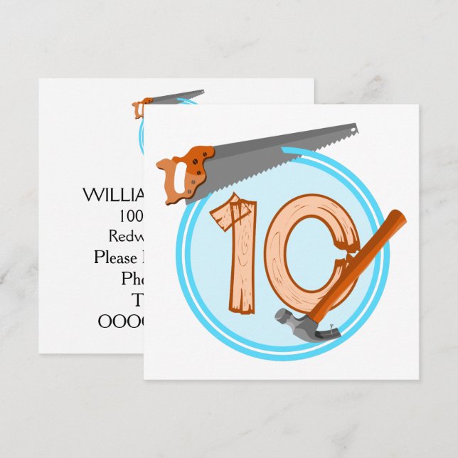 Invitation 10 ans garçon de construction outils conception d' (Devant / Derrière)