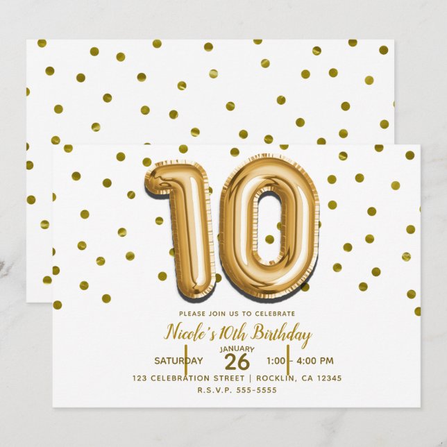 Invitation 10 Ten Gold Balloon Confetti 10e fête d'anniversai (Devant / Derrière)