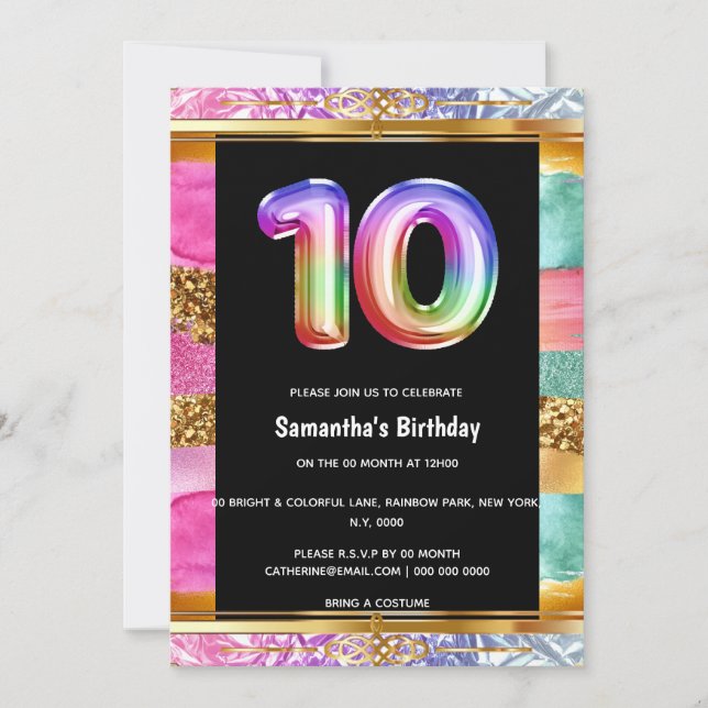 Invitation 10e anniversaire arc-en-ciel parties scintillant f (Devant)